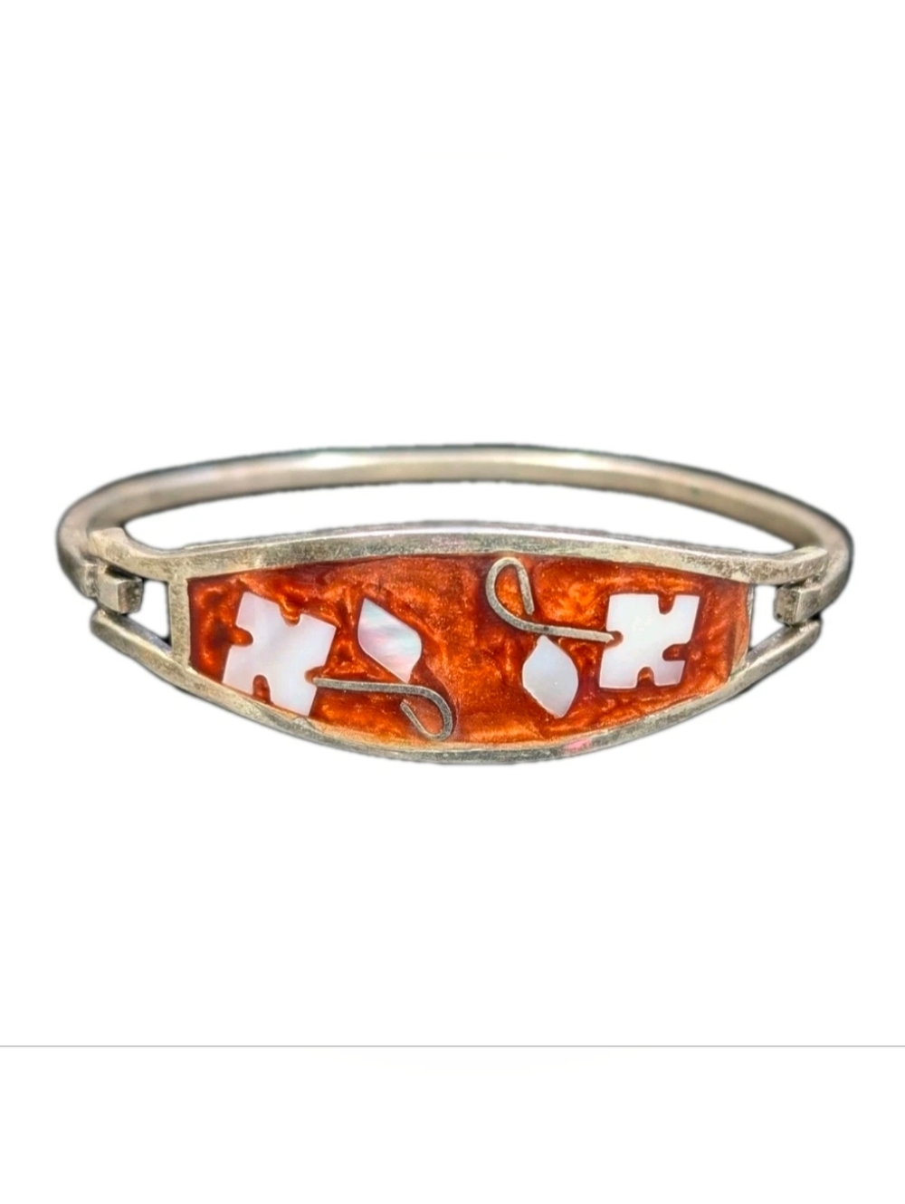 Vintage Alpaca Copper Brown Orange Mother Of Pearl Flower Hinge Bangle Bracelet